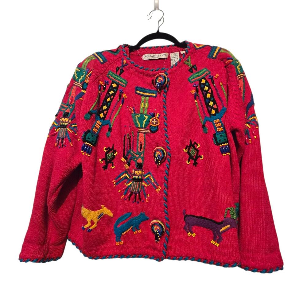 Vintage Michael Simon NY 1991 Embroidered Cardigan Women XL Red Beaded Kokopelli